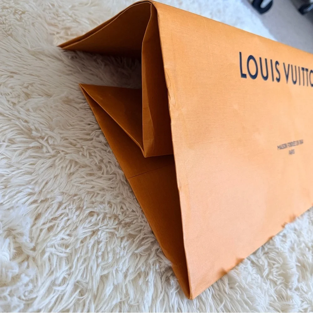Louis Vuitton XL HTF Orange Brown Paper Gift Shopping Box Bag Blue Handle